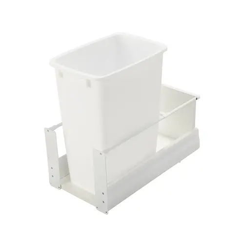 Waste Bin Pull-Out, Hafele Matrix, Single 49 l 52 qt Min. 24" Frame: white, bottom and back: white melamine, bin: white, 52 qt Frame: Steel Bottom & back: Particle board Bin: Plastic