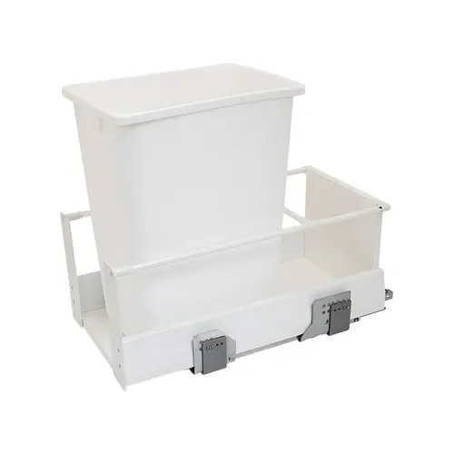 Waste Bin Pull-Out, Hafele Matrix, Single 34 l 36 qt Min. 19 1/4" Frame: white, bottom and back: white melamine, bin: white, 36 qt Frame: Steel Bottom & back: Particle board Bin: Plastic