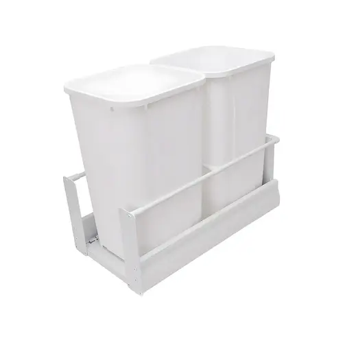 Waste Bin Pull-Out, Hafele Matrix, Double, 2 X 27 Qt, Steel Frame, White Melamine Bottom And Back, White Plastic Bins