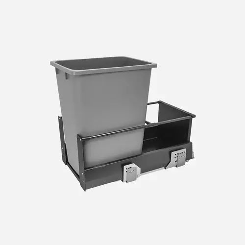 Waste Bin Pull-Out, Hafele Matrix, Single Gray Frame: Steel Bottom & back: Melamine Bin: Plastic