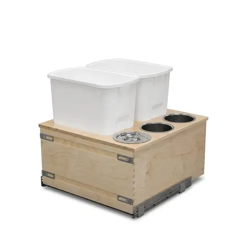 Double Waste Bin with Three Canisters, Baltic Birch Century Cascade Series, 2 x 34 qt. Bins: White