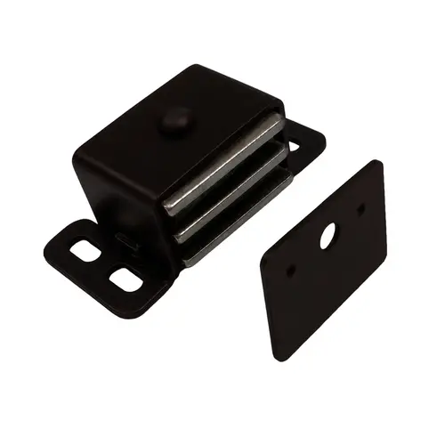 Magnetic Catch For Larger Cabinet Doors, Aluminum Material, Self-Aligning Strike Plate, 2-1/16" Overall Base Length, Oil Rubbed Bronze Finish