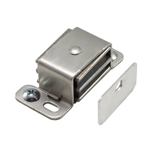 Magnetic Catch For Larger Cabinet Doors, Aluminum Material, Self-Aligning Strike Plate, 2-1/16" Base Length, Aluminum Finish