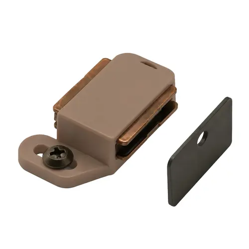 Magnetic Catch For Cabinet Doors, Plastic Housing, 2-3/32" Body Length, 1-1/16" Body Base Width, Polybagged With Strikes And Screws, Tan Finish