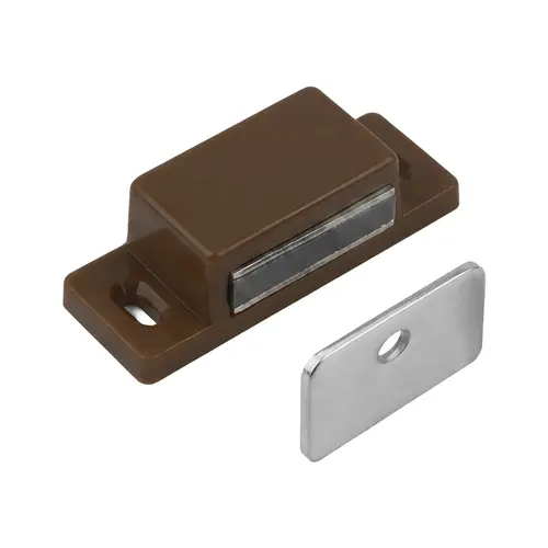 Magnetic Catch For Cabinet Doors, Plastic Housing material, 2" Body Length, 3/4" Body Width, Polybagged With Strikes And Screws, Brown Finish