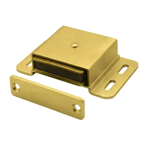 Extra Heavy Duty Magnetic Catch, Brass Material, Self-Aligning Strike Plate, 3-1/2" Overall Base Length, Satin Brass Finish