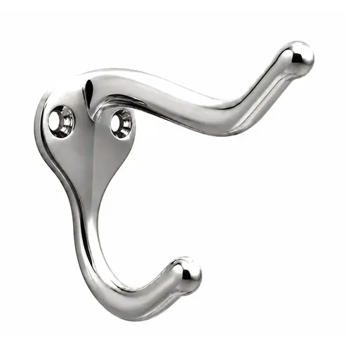 Coat and Hat Hook, Zamak Material, 1-11/16" Base Length, Polybagged With Screws, Polished Chrome Finish