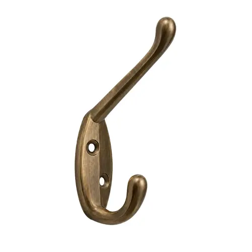 Coat And Hat Hook, Zamak Material, 1-7/8" Base Length, 3/4" Base Width, 2" Projection, Antique Brass Finish