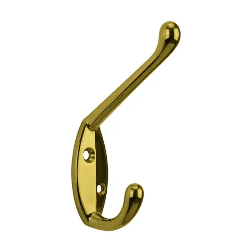 Coat and Hat Hook, Zamak Material, 1-7/8" Base Length, 3/4" Base Width, 2" Projection, Polished Brass Finish
