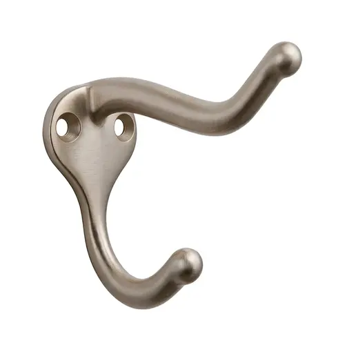 Coat And Hat Hook, Zamak Material, 1-11/16" Base Length, 1-1/8" Base Width, 2-15/16" Projection, Brushed Nickel Finish