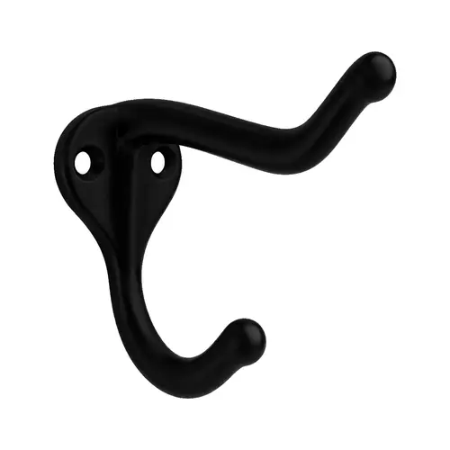 Coat and Hat Hook, Zamak Material, 1-11/16" Base Length, 1-1/8" Base Width, 2-15/16" Projection, Matte Black Finish