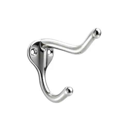 Coat and Hat Hook, Zamak Material, 1-11/16" Base Length, 1-1/8" Base Width, 2-15/16" Projection, Polished Chrome Finish