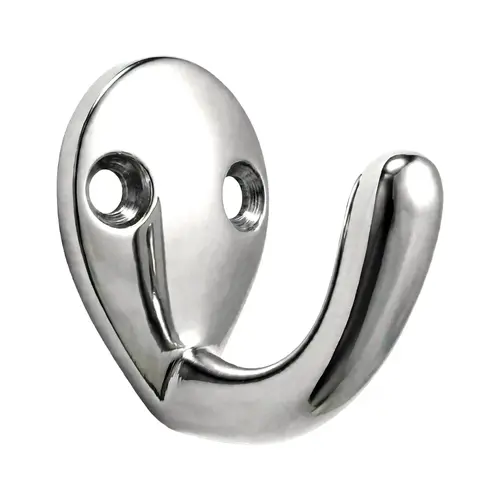 Coat and Hat Hook, Zamak Material, 1-1/4" Base Length, Polybagged With Screws, Polished Chrome Finish