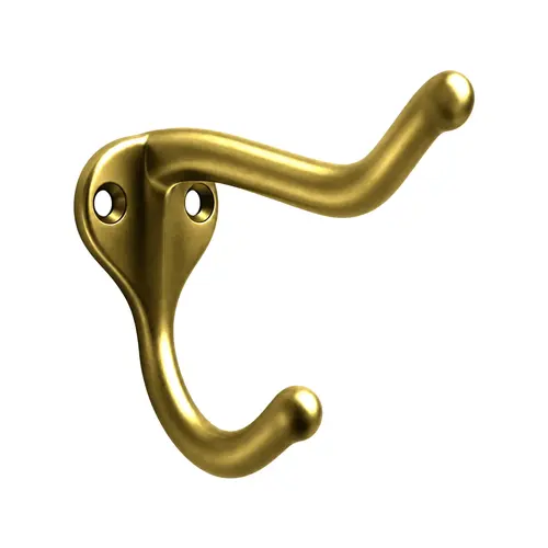 Coat And Hat Hook, Zamak Material, 1-11/16" Base Length, 1-1/8" Base Width, 2-15/16" Projection, Polished Brass Finish