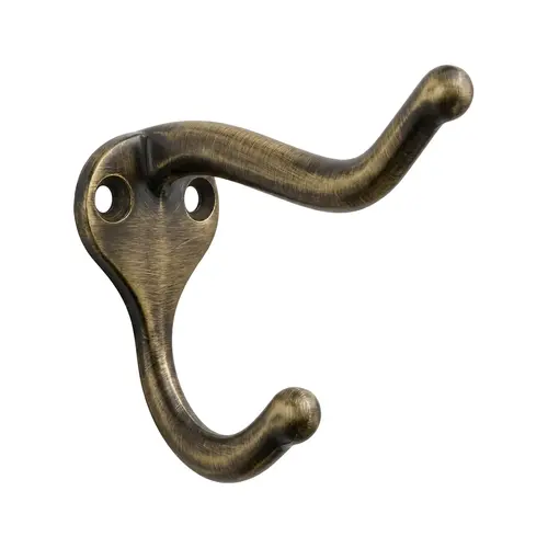Coat And Hat Hook, Zamak Material, 1-11/16" Base Length, 1-1/8" Base Width, 2-15/16" Projection, Antique Brass Finish