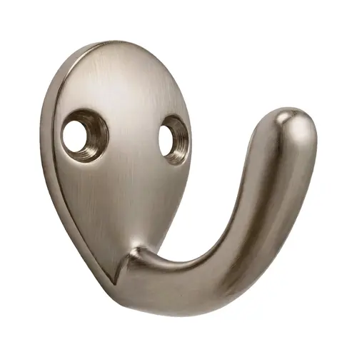 Coat and Hat Hook, Zamak Material, 1-1/4" Base Length, 1-1/8" Base Width, 1-1/4" Projection, Brushed Nickel Finish