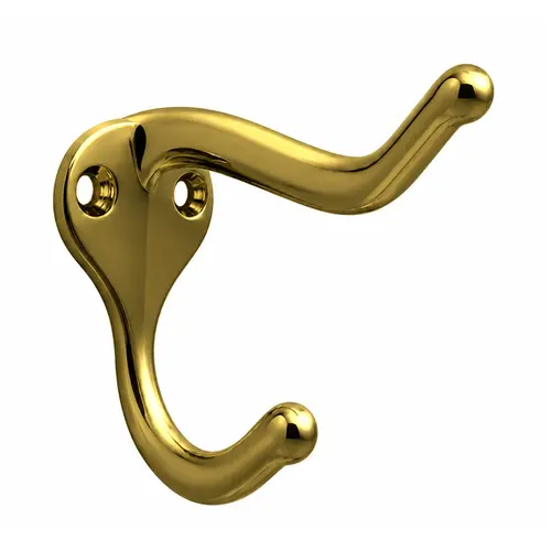 Coat and Hat Hook, Zamak Material, 1-11/16" Base Length, 1-1/8" Base Width, Screws Not Included, Polished Brass Finish