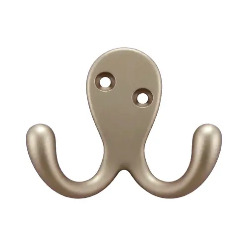 Double Wardrobe Hook, Zamak Material, 1-3/4" Base Length, 1" Base Width, 1-1/8" Projection, Matte Nickel Finish