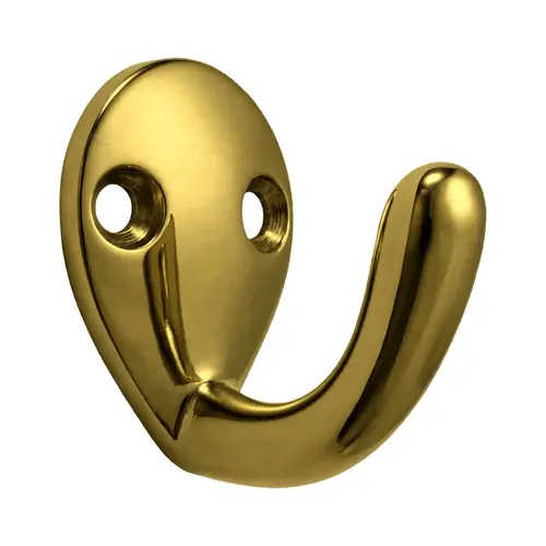 Coat and Hat Hook, Zamak Material, 1-1/4" Base Length, 1-1/8" Base Width, Polished Brass Finish