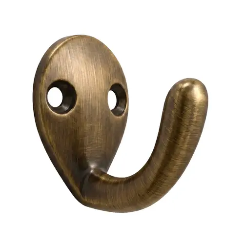 Coat and Hat Hook, Zamak Material, 1-1/4" Base Length, 1-1/8" Base Width, 1-1/4" Projection, Antique Brass Finish