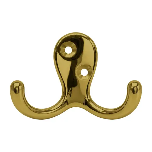 Double Wardrobe Hook, Zamak Material, 1-3/4" Base Length, 1" Base Width, Screws Not Included, Polished Brass Finish