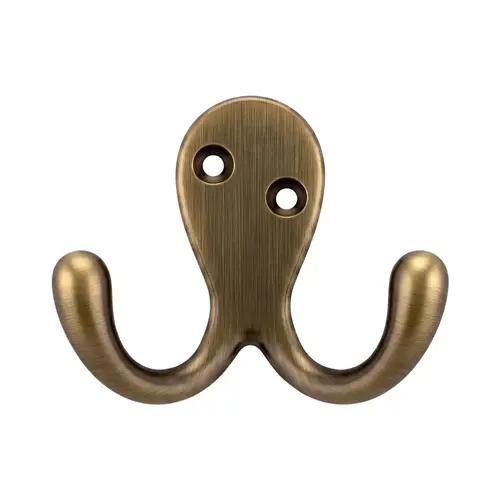 Double Wardrobe Hook, Zamak Material, 1-3/4" Base Length, 1" Base Width, 1-1/8" Projection, Antique Brass Finish