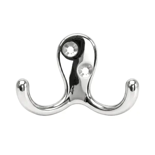Double Wardrobe Hook, Zamak Material, 1-3/4" Base Length, 1" Base Width, Screws Not Included, Polished Chrome Finish