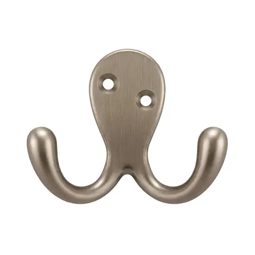 Double Wardrobe Hook, Zamak Material, 1-3/4" Base Length, 1" Base Width, 1-1/8" Projection, Brushed Nickel Finish