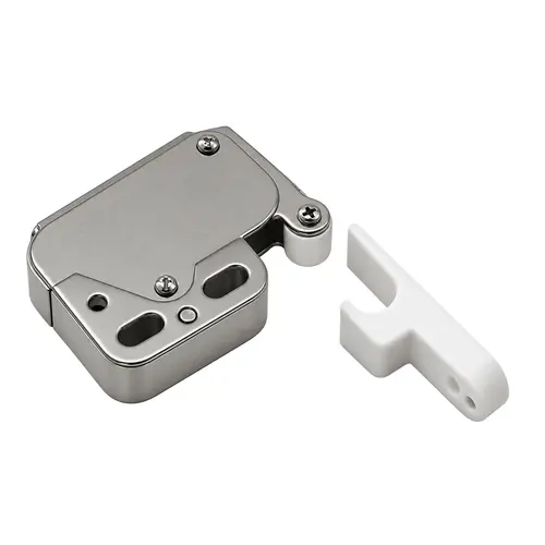 Push Latch, Steel Latch Material, Plastic Strike Material, 1" Latch Body Length, 1-3/32" Latch Body Height, Nickel Latch Finish