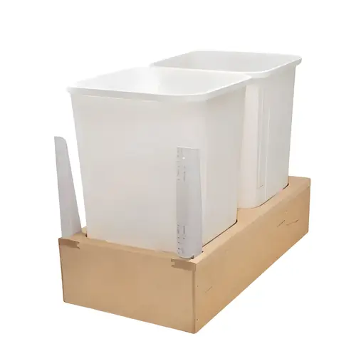 Waste Bin Pull-Out, KV Wood Frame, Bottom Mount, Double 25.5 l / 25.5 l 54 qt. 568 mm 498 mm 286 mm 18 5/8" KV No. WUSC12-2-27WH 11 5/8" 2 x 27 qt. Bin: White