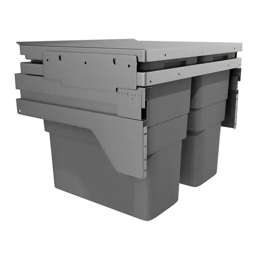 Pull Out Waste Bin, Hailo Euro Cargo S 30 l / 30 l 2 x 31.7 qt 3/8" 562 - 568 mm 3610-62 2 22 1/8 - 22 11/32" Installation behind fronts, Cabinet width: 600 mm (23 5/8") Extension element: Silver-grey bins: Light grey