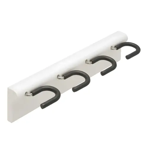 Broomstick Holder, Four Hook White Housing: White, Hook: Rubber coated, Housing: Nickel-plated Hooks: Rubber covered