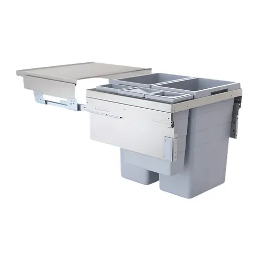 Pull Out Waste Bin, Hailo Euro Cargo 60 38 l / 38 l / 12 l / 2.5 l 2 x 40.15 qt., 1 x 12.6 qt. and 1 x 2.6 qt. 22 3/8" 600 mm 562 - 568 mm 3619621 22 1/8" Installation behind fronts, With soft close Pull out and system lid: Steel, powder coated Bin: Plastic