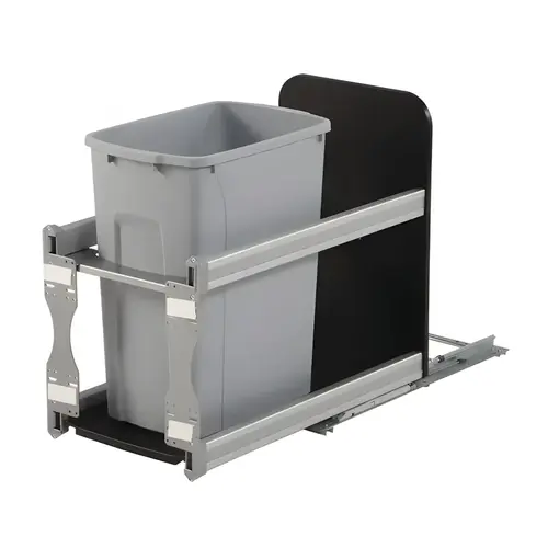 Waste Bin Pull-Out, KV Bottom Mount, Single, Undermount Slide with Soft-Close 35 qt. 19 3/16" USC12-1-35PT Frosted nickel, 35 qt., height: 487 mm (19 5/32") Frame: Steel Bin: Plastic
