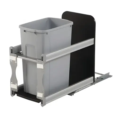 Waste Bin Pull-Out, KV Bottom Mount, Single, Undermount Slide with Soft-Close 50 qt. 23 1/4" USC12-1-50PT Frosted nickel, 50 qt., height: 591 mm (23 9/32") Frame: Steel Bin: Plastic