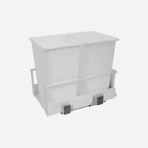 Waste Bin Pull-Out, Hafele Matrix, Double 34 l / 34 l 2 x 36 qt Min. 19 1/4" Frame: white, bottom and back: white melamine, bin: white; 2 x 36 qt Frame: Steel Bottom & back: Particle board Bin: Plastic