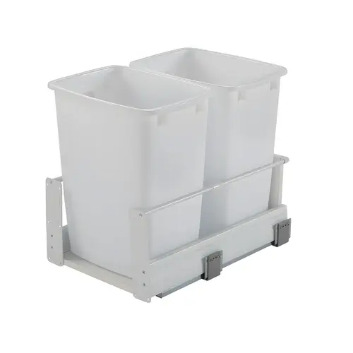 Waste Bin Pull-Out, Hafele Matrix, Double 49 l / 49 l 2 x 52 qt Min. 24" Frame: white, bottom and back: white melamine, bin: white; 2 x 52 qt Frame: Steel Bottom & back: Particle board Bin: Plastic