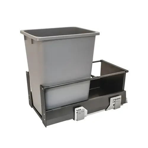 Waste Bin Pull-Out, Hafele Matrix, Single 34 l 36 qt Min. 19 1/4" Frame: anthracite, bottom and back: black melamine, bin: gray, 36 qt Frame: Steel Bottom & back: Particle board Bin: Plastic