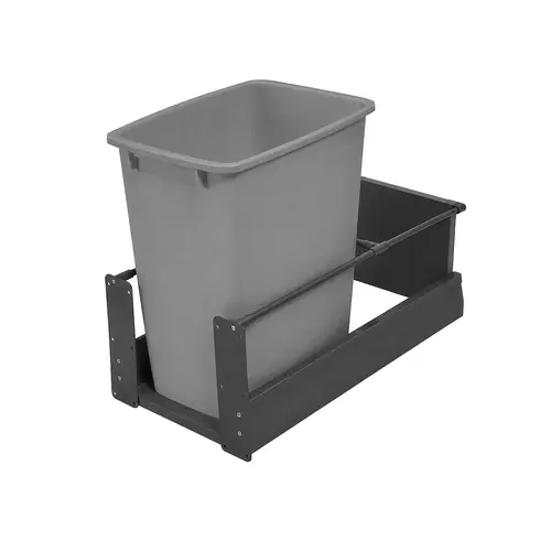 Waste Bin Pull-Out, Hafele Matrix, Single 49 l 52 qt Min. 24" Frame: anthracite, bottom and back: black melamine, bin: gray, 52 qt Frame: Steel Bottom & back: Particle board Bin: Plastic