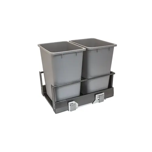 Waste Bin Pull-Out, Hafele Matrix, Double 34 l / 34 l 2 x 36 qt Min. 19 1/4" Frame: anthracite, bottom and back: black melamine, bin: gray; 2 x 36 qt Frame: Steel Bottom & back: Particle board Bin: Plastic