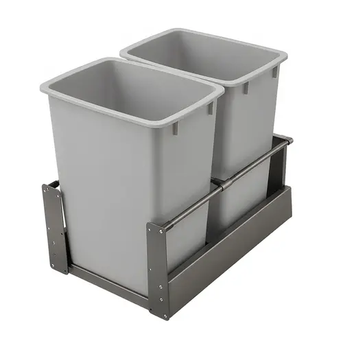 Waste Bin Pull-Out, Hafele Matrix, Double 49 l / 49 l 2 x 52 qt Min. 24" Frame: anthracite, bottom and back: black melamine, bin: gray; 2 x 52 qt Frame: Steel Bottom & back: Particle board Bin: Plastic