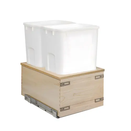 Century - Double Waste Bin, Cascade Series, Baltic Birch, Bottom Mount for 18" cabinet width, 2 x 50 qts, white Frame: Baltic birch; Bins: Plastic