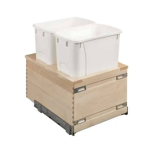 Century - Double Waste Bin, Signature Series, Solid Maple, Bottom Mount for 18" cabinet width, 2 x 34 qts, white Frame: Maple; Bins: Plastic