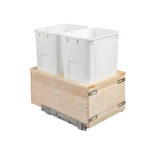 Century - Double Waste Bin, Signature Series, Solid Maple, Bottom Mount for 18" cabinet width, 2 x 50 qts, white Frame: Maple; Bins: Plastic