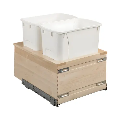 Century - Double Waste Bin, Signature Series, Solid Maple, Bottom Mount for 21" cabinet width, 2 x 34 qts, white Frame: Maple; Bins: Plastic