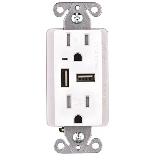 15 Amp Decorator Tamper-Resistant Duplex Outlet and 4.6 Amp USB Charger Receptacle, Wall Plate Included, White Pack of 10 15 Amp Decorator Tamper-Resistant Duplex Outlet and 4.6 Amp USB Charger Receptacle, Wall Plate Included, White Pack of 10
