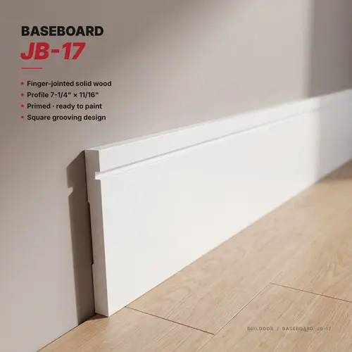 Reveal-Groove Profile Baseboard Moulding, 7-1/4" Height, 11/16" Depth, 16 ft Length, White Finish, Sold Per Linear Foot, Supplied in 16 ft Lengths
