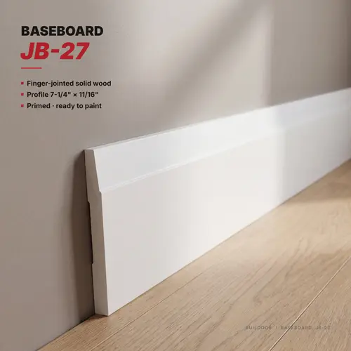 Straight-Bevel Profile Baseboard Moulding, 7-1/4" Height, 11/16" Depth, 16 ft Length, White Finish, Sold Per Linear Foot, Supplied in 16 ft Lengths