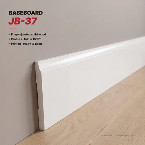 Concave-Sweep Profile Baseboard Moulding, 7-1/4" Height, 11/16" Depth, 16 ft Length, White Finish, Sold Per Linear Foot, Supplied in 16 ft Lengths