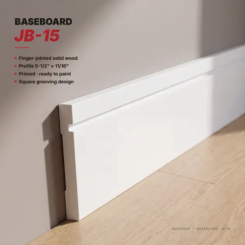 Reveal-Groove Profile Baseboard Moulding, 5-1/2" Height, 11/16" Depth, 16 ft Length, White Finish, Sold Per Linear Foot, Supplied in 16 ft Lengths